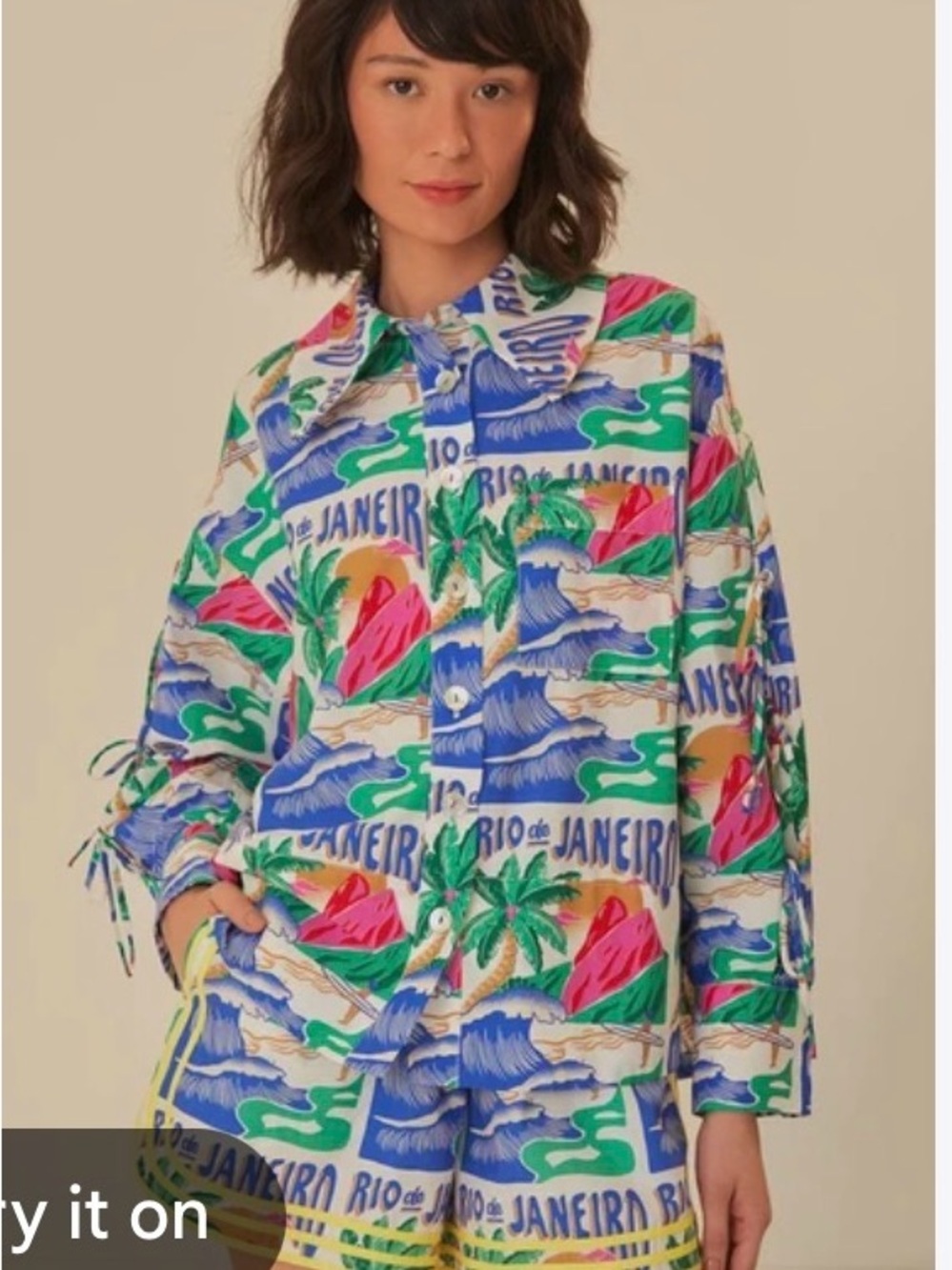 Farm Rio Carioca Posters Long Sleeve Button Down Shirt, small